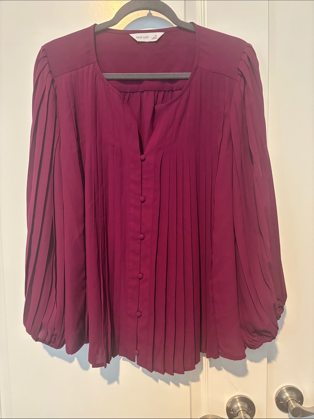 Nine West Pleated Button-Front Blouse in Burgundy Plum